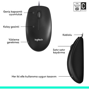 Logitech M100 Kablolu 1000 DPI USB Mouse - Siyah Fiyatı