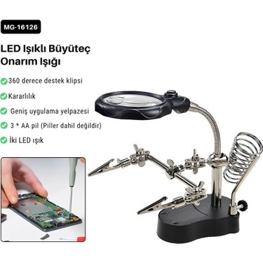 MG-16126 Büyüteçli Lehimleme Standı – LED Işıklı, 3.5x ve Fiyatı
