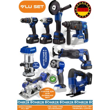 Alman 9 Makine Kombo Set BA01093M 4 Akülü 2 Şarjlı Kömürsüz Fiyatı
