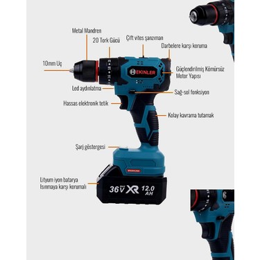 Kömürsüz Motor 36VF 5AH Metal Mandren Vidalama Matkap Seti Fiyatı