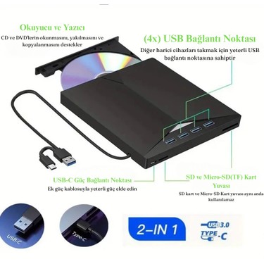 Çok Fonksiyonlu 7 In 1 USB 3.0 Type-C Harici DVD Rw CD Fiyatı