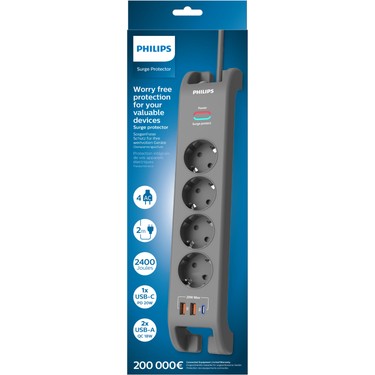 Philips SPN4140GA Akım Korumalı Priz 4'lü + 2x Usb-A 18W + Fiyatı