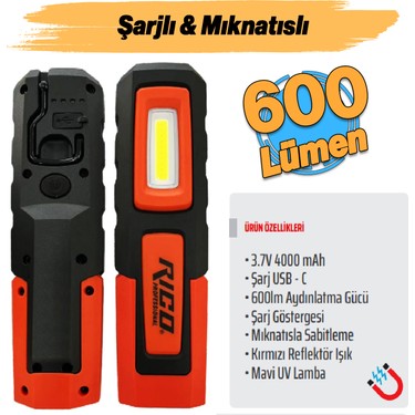 Mıknatıslı Şarjlı Ledli El Feneri 600 Lümen Lambası Spor Fiyatı