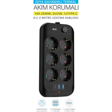 Hoala Hoala Termal Akım Korumalı, 6'lı Priz Soketi, 2x USB Fiyatı