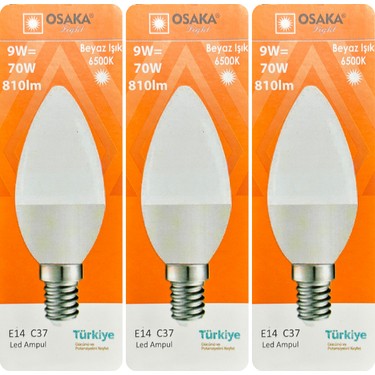 3 adet) Osaka 9W (70W) Beyaz Işık (6500K) E14 Duylu (Ince Fiyatı