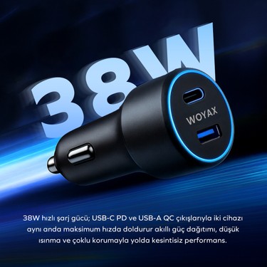 Woyax Araç Şarj Aleti Çakmaklık Type-C + USB Girişli 38W Fiyatı