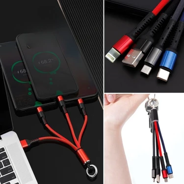 Câble 3-en-1 Intelligent Smart Safe HEPU Tressé Type-C Lightning Micro-USB Indicateur Lumineux