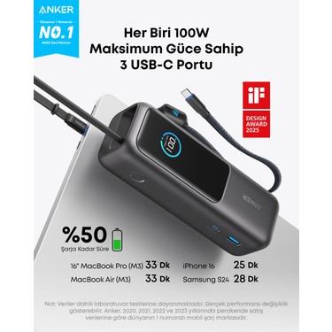 新品未使用Anker Power Bank 25000mAh Anker 25000 mAh 165W Kapasiteli Pilli 2xusb-C Şarj Cihazı Fiyatı