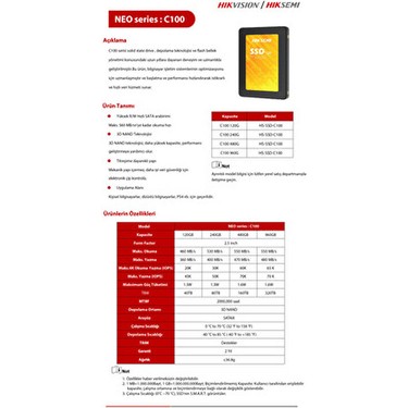 Hiksemi SSD C100 960 GB Kapasite ile 500 MB/s Okuma 450 MB/s Fiyatı