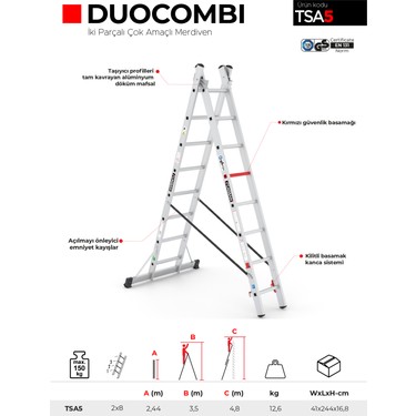 Çağsan 2X8 Basamaklı Duocombi Merdiven Tsa5 Hafif Alüminyum Fiyatı