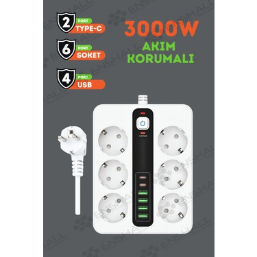 Enshall Pro P11 6x Priz 3000W Termal Akım Korumalı 4x USB 2x Fiyatı