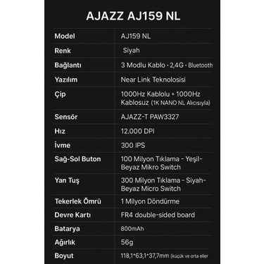 Ajazz AJ159 Nl Near-Link 3 Modlu 1000hz 12.000 Dpı 400 Mah Fiyatı