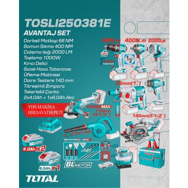 Total 9'lu Akülü Taşlama Darbeli Matkap Set 4.0 Ah 6.0 Ah Üç Fiyatı