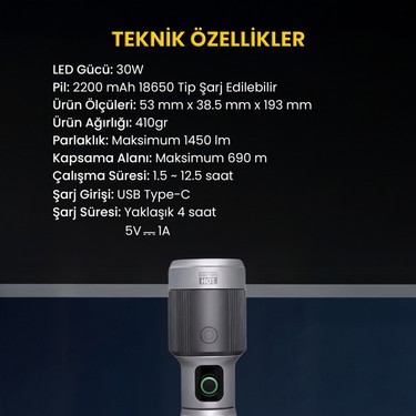 Bix BX5141FL 1450 Lümen 30W Led El Feneri Teleskopik Zoom Fiyatı