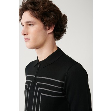 AVVA Erkek Siyah Polo Fermuarlı Yaka Çizgi Detaylı Kazak Fiyatı