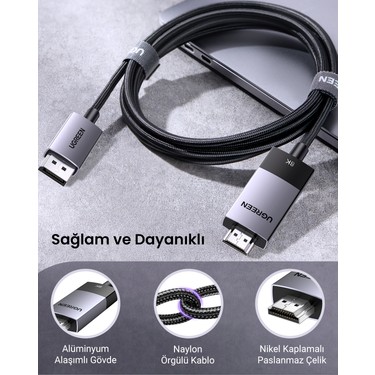 Ugreen 8k 60Hz Displayport 1.4 To HDMI 2.1 Örgülü Kablo, 2m, Fiyatı