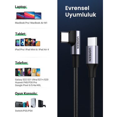 UGREEN USB-C 60W 3A QC PD 90 Derece Örgülü Hızlı Şarj Fiyatı