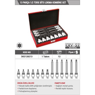 DHT 1/2 Torx Bits Kombine Lokma Seti 13 Parça Fiyatı