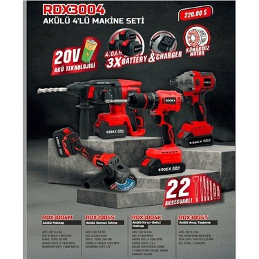 Rodex 4 Lü Şarjlı Makina Seti (20V 3*4 Ah Lı-On MATKAP-45NM Fiyatı