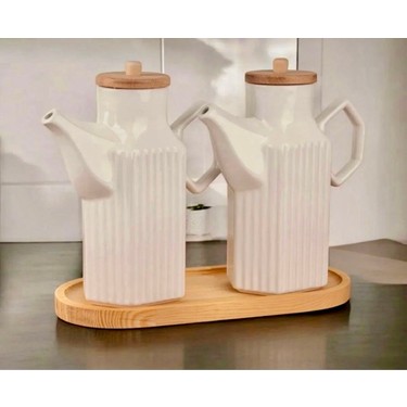 Kitchen Pembelia Bambu Standlı 2'li Porselen Yağdanlık ve Fiyatı