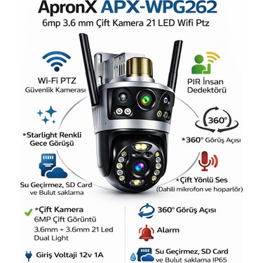 Apronx APX-WPG262 6mp 3.6 mm Çift Kamera 21 LED Wifi Ptz Fiyatı