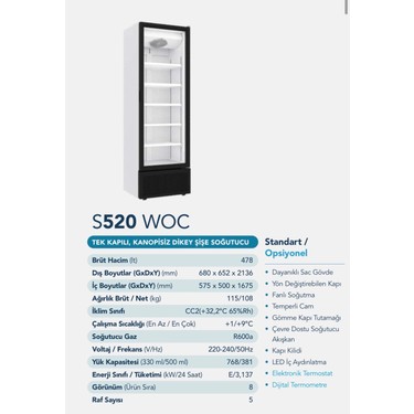 Şenocak S520 Woc Dikey Şişe Soğutucu Tek Kapı Geniş Fiyatı