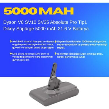 Dyson V8 SV10 SV25 Absolute Pro Tip1 Dikey Süpürge 5000 mAh Fiyatı