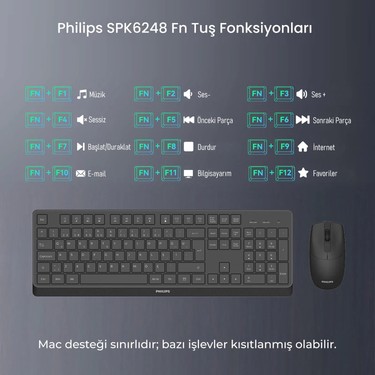 Philips SPT6368 Kablosuz Türkçe Q Klavye & Mouse Set Siyah Fiyatı