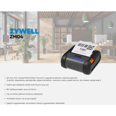 Zywell ZM04 Thermal Usb+Bt Mobil Barkod Yazıcı 100MM/S / Fiyatı
