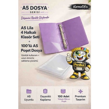 KarmaOfis A5 Lila 4 Halkalı Klasör Seti + 100'LÜ A5 Poşet Fiyatı