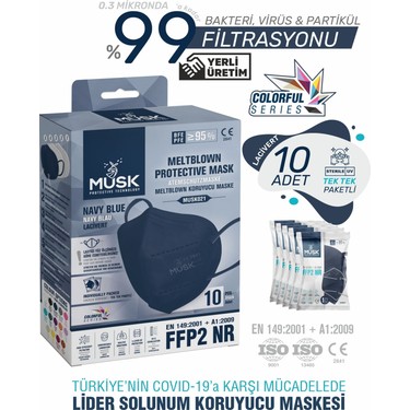 Musk FFP2/N95 Maske Lacivert Renk 10 Adet Yüksek Filtrasyon Fiyatı