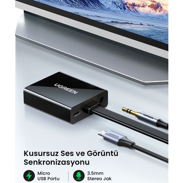 UGREEN Flat Kablolu HDMI - VGA AUX Dönüştürücü 25 cm, Siyah, Fiyatı