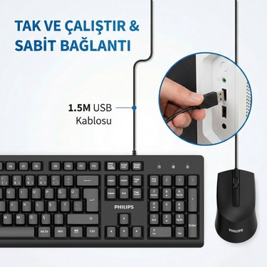 Philips SPT6234 Kablolu Türkçe Q Klavye ve Mouse Seti Siyah Fiyatı