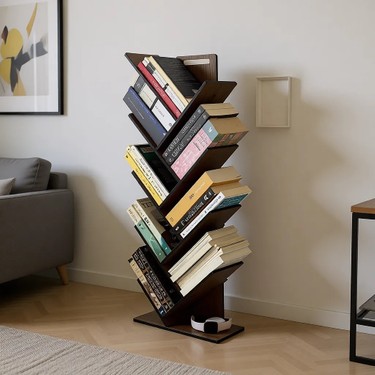 Vigo Wood Geometrik 8 Raflı Ağaç Kitaplık Ceviz Renk Modern Fiyatı