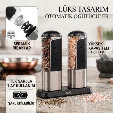 Neo Class 2li Şarjlı Tuz Karabiber Değirmeni Seti, Paslanmaz Fiyatı