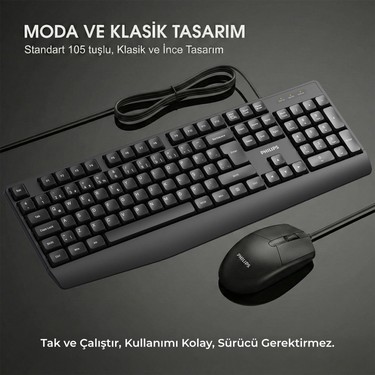 Philips SPT6237 Kablolu Türkçe Q Klavye ve Mouse Seti Siyah Fiyatı