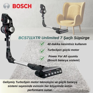 Bosch BCS711XTR Unlimited 7 Şarjlı Süpürge Siyah Fiyatı