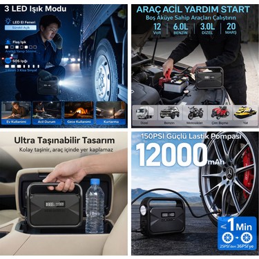 Bubitechh 12000 Mah Kompresörlü Akü Takviye Cihazı | 4'ü 1 Fiyatı