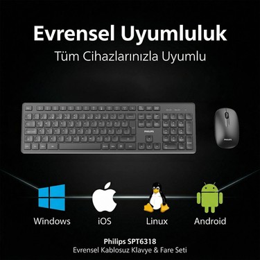 Philips SPT6318 Kablosuz Türkçe Q Klavye ve Mouse Seti Siyah Fiyatı