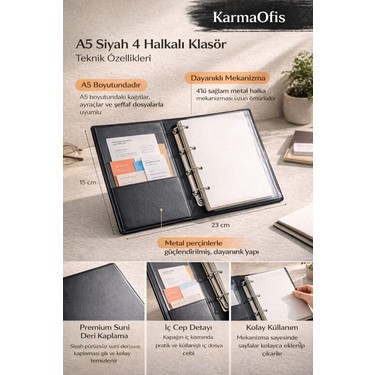 Karmaofis A5 4 Halkalı Siyah Klasör – Suni Deri Ajanda & Fiyatı