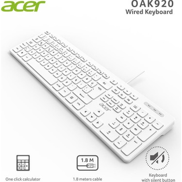 Acer OAK920 Q USB Beyaz 1.8mt Kablolu Klavye-Tek Tuş Hesap Fiyatı