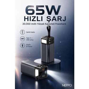 20.000 Mah 65 Watt Hızlı Şarj LED Işıklı Dahili Kablolu Fiyatı