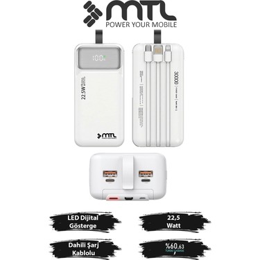 Mtl 30000 mAh 22.5W Turbo Şarj Dahili Kablolu Dijital LED Fiyatı