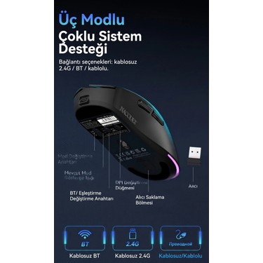 Ajazz NJ08 Mc Kablosuz 3 Modlu Rgb Oyuncu Mouse 24.000 Dpı Fiyatı