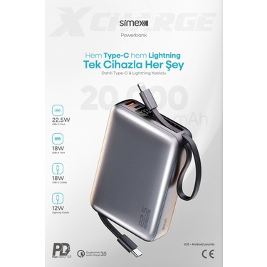Simex 20.000 mAh 22,5W/PD Hızlı Şarj Kendinden Kablolu ve Fiyatı