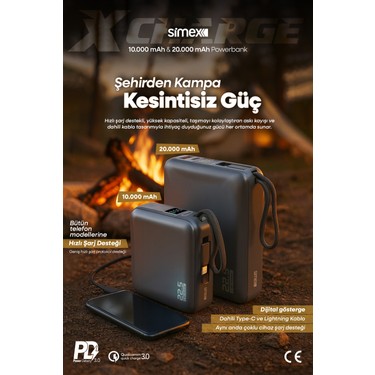 Simex 20.000 mAh 22,5W/PD Hızlı Şarj Kendinden Kablolu ve Fiyatı