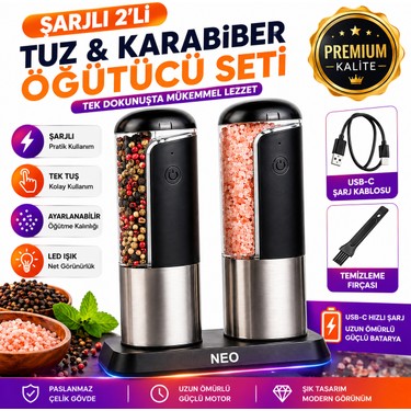 Neo Class 2li Şarjlı Tuz Karabiber Değirmeni Seti, Paslanmaz Fiyatı