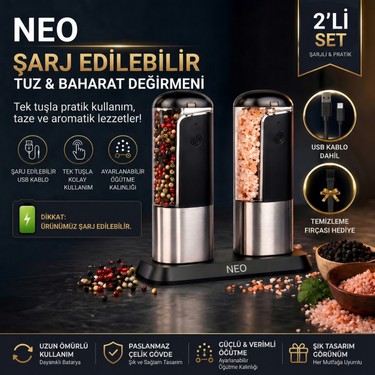 Neo Class 2li Şarjlı Tuz Karabiber Değirmeni Seti, Paslanmaz Fiyatı