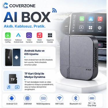 CoverZone Kablosuz Carplay AI Box – Android ve Ios Uyumlu, Fiyatı