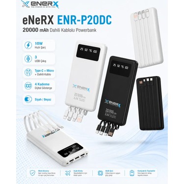 Enerx Powerbank 20000 Mah 2.1 Amper Dahili Kablolu ENR-P20DC Fiyatı